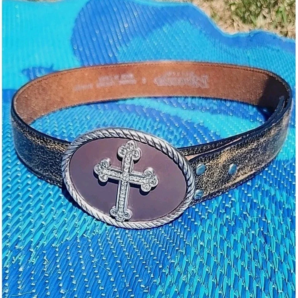 Nocona Belt Co Brown Leather Cross Belt Rhinestone Western Bling Women ‎ S 28-32